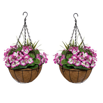 Greenbrokers 2 X Artificial Purple Geraniums Coir Hanging Baskets - image 1