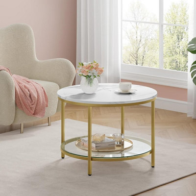 Songmics Vasagle Coffee Table, Living Room Table, Sofa Cocktail Table, Glass Storage Shelf, Round, Modern, Marble White & Pale Gold - image 1