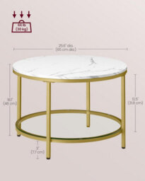 Songmics Vasagle Coffee Table, Living Room Table, Sofa Cocktail Table, Glass Storage Shelf, Round, Modern, Marble White & Pale Gold - thumbnail 2