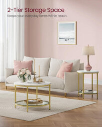 Songmics Vasagle Coffee Table, Living Room Table, Sofa Cocktail Table, Glass Storage Shelf, Round, Modern, Marble White & Pale Gold - thumbnail 3