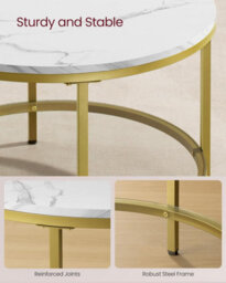 Songmics Vasagle Coffee Table, Living Room Table, Sofa Cocktail Table, Glass Storage Shelf, Round, Modern, Marble White & Pale Gold - thumbnail 5