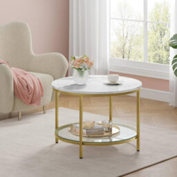Songmics Vasagle Coffee Table, Living Room Table, Sofa Cocktail Table, Glass Storage Shelf, Round, Modern, Marble White & Pale Gold