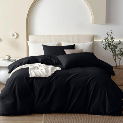 Oxford Homeware Plain Duvet Cover Set Single Black With Fitted Sheet & Pillowcases, Plain Bedding Duvet Cover - image 1