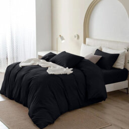 Oxford Homeware Plain Duvet Cover Set Single Black With Fitted Sheet & Pillowcases, Plain Bedding Duvet Cover - thumbnail 2