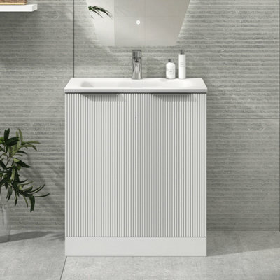 Royal Bathrooms Evora 700mm Matt White Fluted Floor Standing Bathroom Vanity Unit 2 Door Cabinet Storage With Stone Basin Sink - 1 Tap Hole - image 1