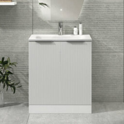 Royal Bathrooms Evora 700mm Matt White Fluted Floor Standing Bathroom Vanity Unit 2 Door Cabinet Storage With Stone Basin Sink - 1 Tap Hole