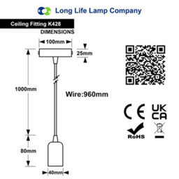 Long Life Lamps Company Ceiling Rose Pendant E27 Fitting Brass Flex Hanging Lamp Holder Kit K428 - thumbnail 2