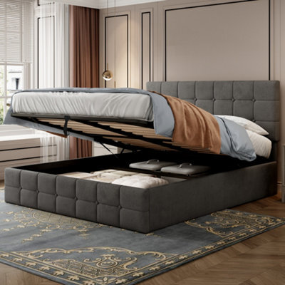 Abrihome 4Ft6 Grey Velvet Ottoman Storage Bed - Hydraulic Lift, Tufted Headboard, Metal-Wood Frame, No Mattress - image 1