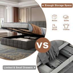 Abrihome 4Ft6 Grey Velvet Ottoman Storage Bed - Hydraulic Lift, Tufted Headboard, Metal-Wood Frame, No Mattress - thumbnail 6