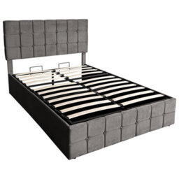 Abrihome 4Ft6 Grey Velvet Ottoman Storage Bed - Hydraulic Lift, Tufted Headboard, Metal-Wood Frame, No Mattress - thumbnail 7