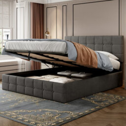 Abrihome 4Ft6 Grey Velvet Ottoman Storage Bed - Hydraulic Lift, Tufted Headboard, Metal-Wood Frame, No Mattress - thumbnail 1