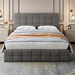 Abrihome 4Ft6 Grey Velvet Ottoman Storage Bed - Hydraulic Lift, Tufted Headboard, Metal-Wood Frame, No Mattress - thumbnail 2