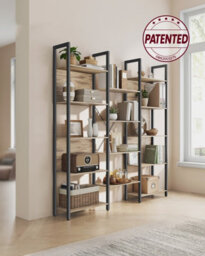 LEDREM Bookcase, Bookshelf With 14 Shelves, Metal Frame, Shelf Unit For Living Room, Home Office,camel Brown And Ink Black - thumbnail 2