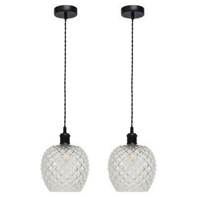 First Choice Lighting Set Of 2 Baine - Clear Textured Glass Black Retro Pendant Fittings - image 1