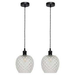 First Choice Lighting Set Of 2 Baine - Clear Textured Glass Black Retro Pendant Fittings - thumbnail 1