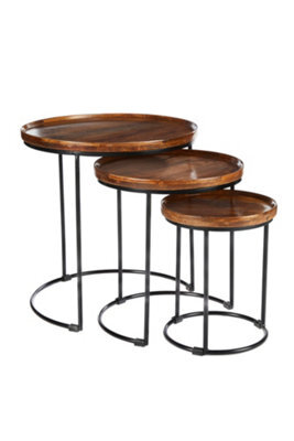 Elm Home And Garden Round Nest Of Three 3 Tables End Lamp Dark Solid Mango Wood Black Metal Frame 57Cm H X 54Cm W X 54Cm D - image 1