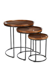 Elm Home And Garden Round Nest Of Three 3 Tables End Lamp Dark Solid Mango Wood Black Metal Frame 57Cm H X 54Cm W X 54Cm D