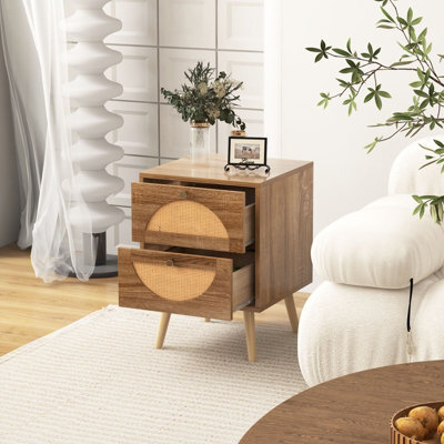 Costway Rattan Nightstand Bohemian Style Side End Table 2 Drawers Bedside Table - image 1