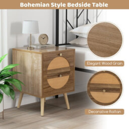 Costway Rattan Nightstand Bohemian Style Side End Table 2 Drawers Bedside Table - thumbnail 6