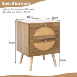 Costway Rattan Nightstand Bohemian Style Side End Table 2 Drawers Bedside Table - thumbnail 2