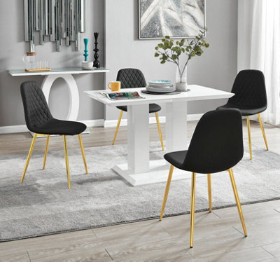 Furniturebox Uk 4 Seater Dining Set - Imperia White High Gloss Dining Table And Chairs - 4 Black Corona Gold Chairs - image 1