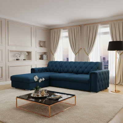 Roma Corner Sofa Bed With Storage Polyurethane Foam Wave Springs Metal Legs Wooden Frame 267X85X185Cm Blue Left - image 1