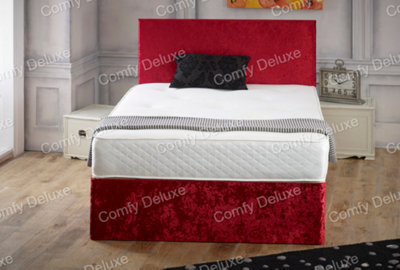 Comfy Deluxe 4Ft Small Double Red Crushed Velvet Divan Bed Set With Memory Mattress And Headboard 4 Drawers