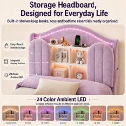 Modernluxe 3Ft Single Bed, 90 X 190 Cm, With Led Storage Headboard, Charging Station & Drawers, Purple, Velvet - thumbnail 7