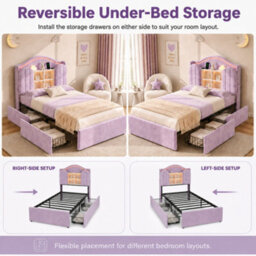 Modernluxe 3Ft Single Bed, 90 X 190 Cm, With Led Storage Headboard, Charging Station & Drawers, Purple, Velvet - thumbnail 6