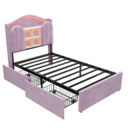 Modernluxe 3Ft Single Bed, 90 X 190 Cm, With Led Storage Headboard, Charging Station & Drawers, Purple, Velvet - thumbnail 9
