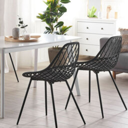 Beliani Black Net-Back Dining Chairs Set Of 2 - Compact Synthetic Seat, Matt Black Iron Legs - thumbnail 2