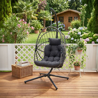 Living And Home Outdoor Indoor Swing Hanging Egg Chair With Cushion And Headrest, Brown Black - image 1