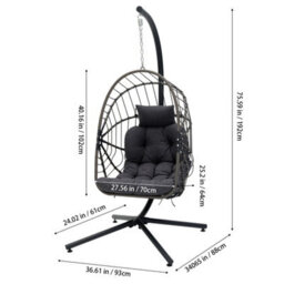 Living And Home Outdoor Indoor Swing Hanging Egg Chair With Cushion And Headrest, Brown Black - thumbnail 9