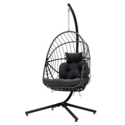 Living And Home Outdoor Indoor Swing Hanging Egg Chair With Cushion And Headrest, Brown Black - thumbnail 6