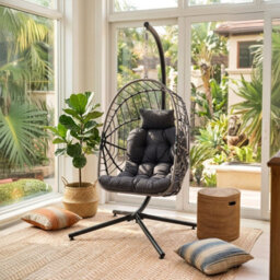 Living And Home Outdoor Indoor Swing Hanging Egg Chair With Cushion And Headrest, Brown Black - thumbnail 2