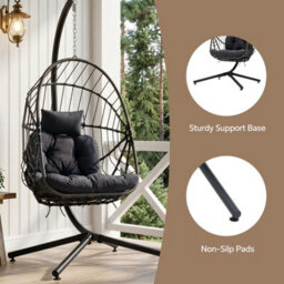 Living And Home Outdoor Indoor Swing Hanging Egg Chair With Cushion And Headrest, Brown Black - thumbnail 3