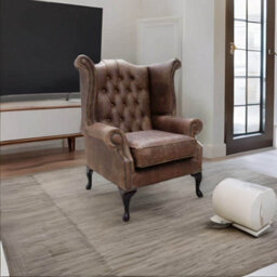 Chesterfield High Back Wing Chair Cracked Wax T Brown Leather In Queen Anne Style - thumbnail 4