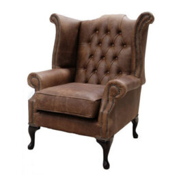 Chesterfield High Back Wing Chair Cracked Wax T Brown Leather In Queen Anne Style - thumbnail 2