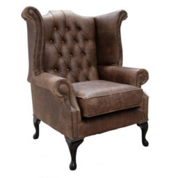 Chesterfield High Back Wing Chair Cracked Wax T Brown Leather In Queen Anne Style - thumbnail 1