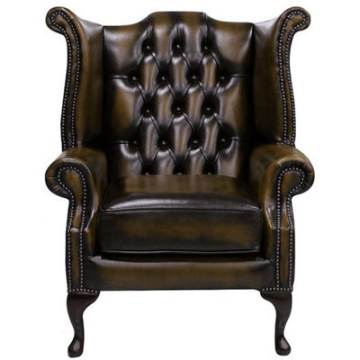 Chesterfield High Back Wing Chair Antique Tan Leather Bespoke In Queen Anne Style - image 1