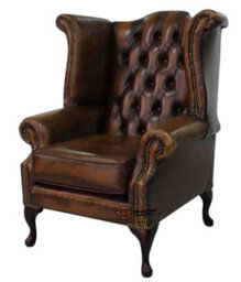 Chesterfield High Back Wing Chair Antique Tan Leather Bespoke In Queen Anne Style - thumbnail 2