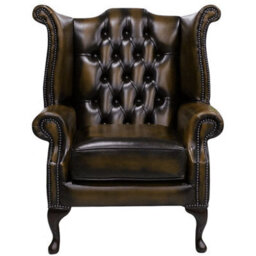 Chesterfield High Back Wing Chair Antique Tan Leather Bespoke In Queen Anne Style - thumbnail 1