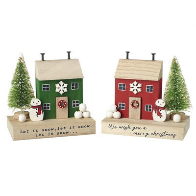 Heaven Sends Christmas - Set Of 2 Wooden House Ornaments, Red And Green, Compact Rustic Christmas Décor
