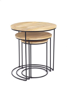 Elm Hom And Garden Light Oak Finish Wooden Metal Round Nest Of Three 3 Tables Side Lamp H55 X W50 X D5Cm