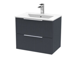 Hudson Reed Fluted Wall Hung 2-Drawer Vanity And Minimalist Basin, Contemporary Sink Vanity Unit, Soft Black, 600mm - thumbnail 1