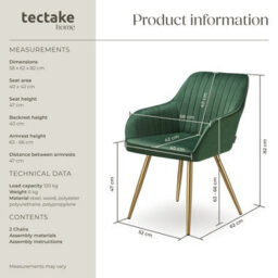 Tectake Set Of 2 Dining Chair Marilyn - Quilted Velvet, Continuous Backrest, Gold Steel Legs  - Dark Green/gold - thumbnail 6
