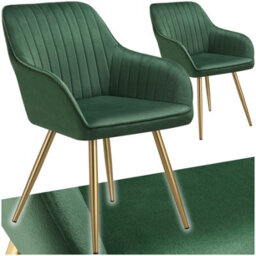 Tectake Set Of 2 Dining Chair Marilyn - Quilted Velvet, Continuous Backrest, Gold Steel Legs  - Dark Green/gold