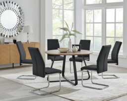 Furniturebox Uk Santorini Brown Wood Effect Round Dining Table & 6 Black Lorenzo Chairs - thumbnail 1