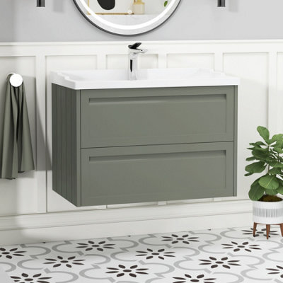 Royal Bathrooms Elmore 800mm Wall Hung 2 Drawer Bathroom Vanity Unit With Traditional Ceramic Basin Sink - Matt Green - image 1