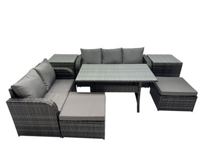 Fimous 7 Seat Outdoor Wicker Pe Rattan Garden Furniture Set Dining Table Sofa Sets With 2 Big Stools 2 Side Tables Dark Grey Mixed - image 1